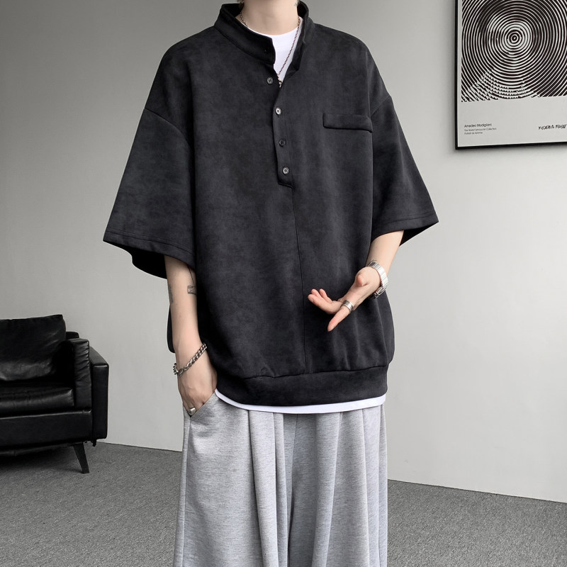 男士立领宽松复古短袖T恤青少年帅气休闲运动韩版纯色百搭POLO衫