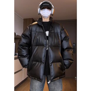 男装立领棉衣外套男加厚保暖棉服PU皮面棉袄男印花宽松休闲夹克