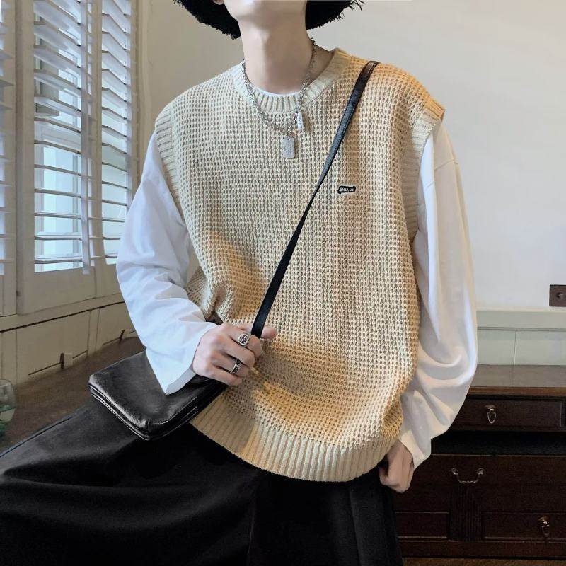 男士圆领针织背心马甲学院风宽松韩版纯色卡其秋冬无帽无拉链外套