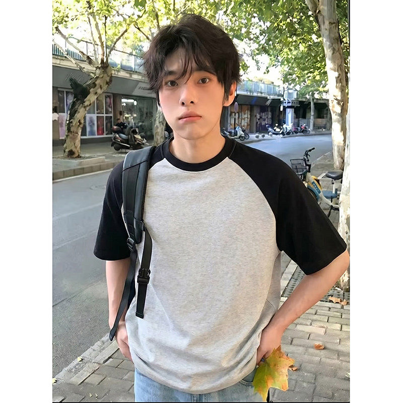 男士宽松纯棉美式潮牌插肩袖拼接撞色高品质T恤韩版棒球服半袖