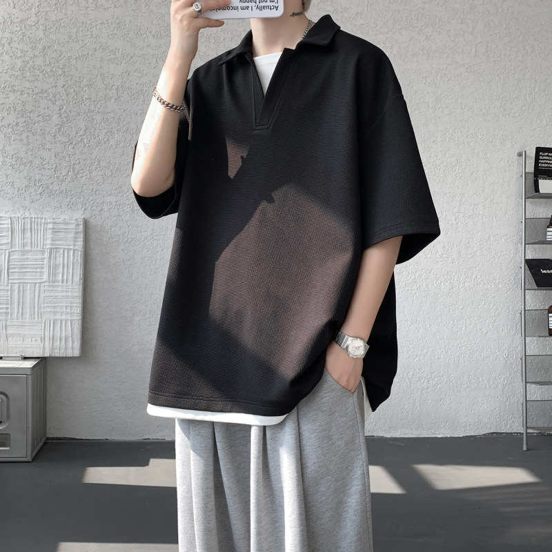男宽松翻领假两件华夫格短袖T恤韩版纯色休闲夏季大码潮流时尚Tee
