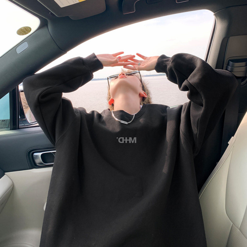 男士卫衣秋冬新款圆领印花宽松加绒加厚纯色百搭舒适长袖外套男装