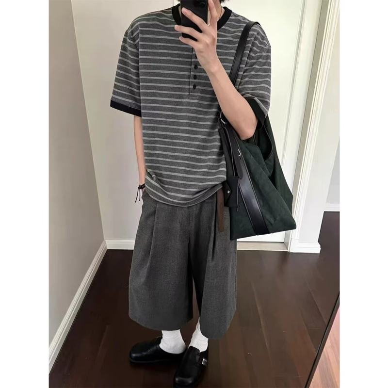 棉质复古条纹亨利领宽松短袖T恤男韩版潮流百搭翻领时尚休闲上衣