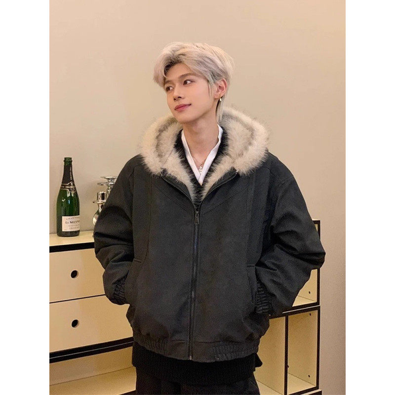 男装仿水貂绒夹克棉服连帽加厚保暖外套宽松潮流简约大毛领pu皮衣