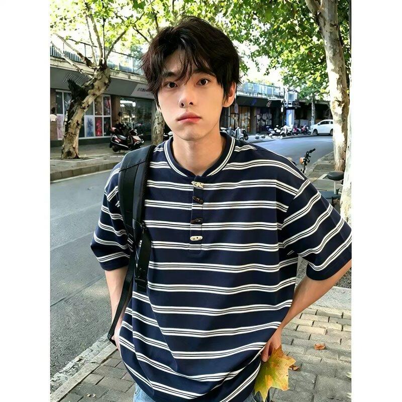 韩版男士宽松条纹棉V领短袖T恤慵懒休闲夏季时尚舒适百搭T恤衫