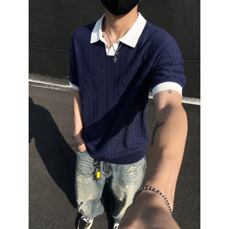 男士高级轻熟老钱风韩版短袖翻领纯色凉感毛织针织衫休闲百搭毛衣