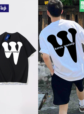 99元6件|夏季美式男装潮流重磅短袖男W字母印花纯棉圆领白色体恤