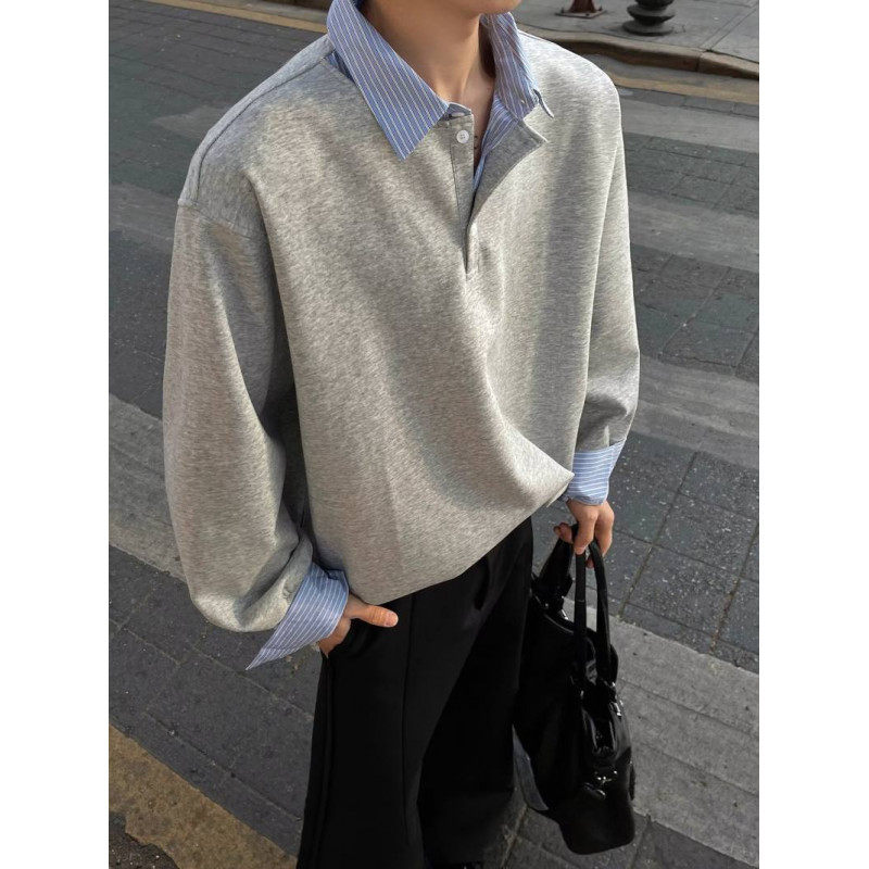 伯爵先生男装卫衣男假两件套头衫韩版宽松撞色格子衬衫领设计春秋