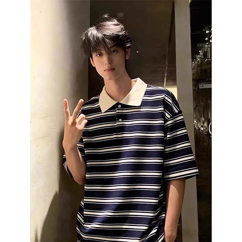 美式潮牌男士宽松翻领拼色条纹短袖T恤韩版休闲夏季潮流个性上衣