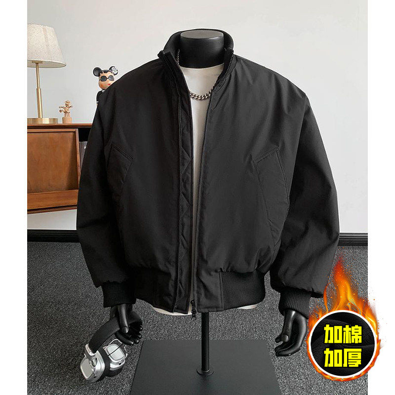 冬季男士立领廓形飞行夹克棒球服加厚保暖高街风黑色棉衣外套开衫