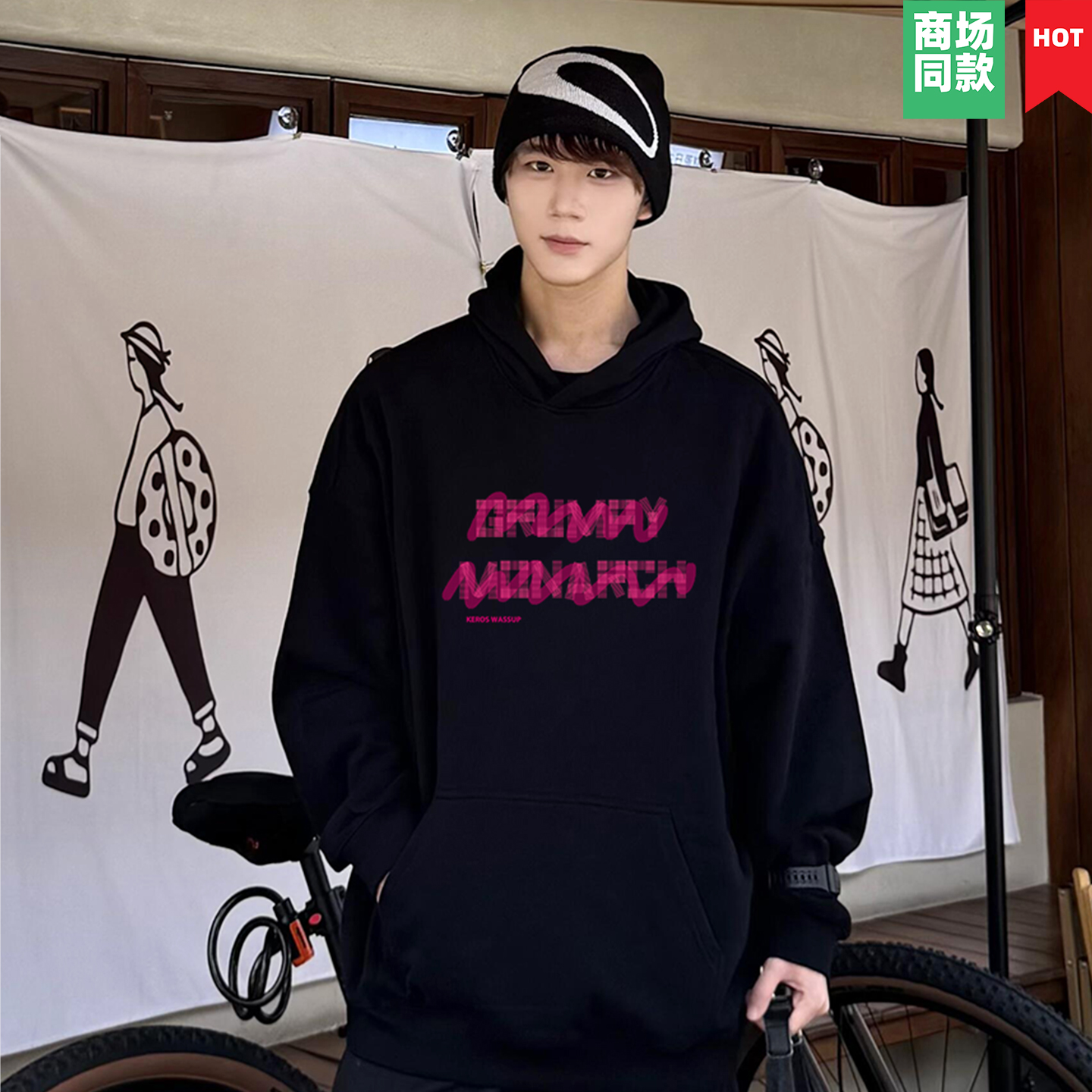 纯棉男女连帽卫衣潮牌字母印花红色宽松休闲运动套头衫秋季新款