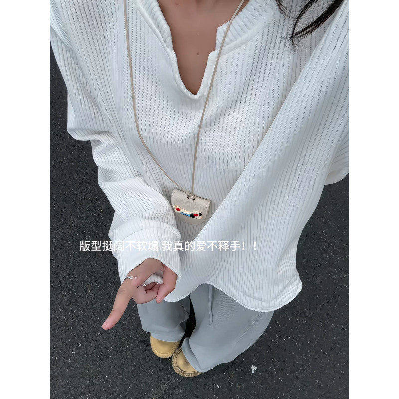 男士欧棉绒V领长袖T恤卫衣白色开襟休闲百搭无帽无拉链秋季重磅款