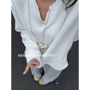 重磅款 T恤卫衣白色开襟休闲百搭无帽无拉链秋季 欧棉绒V领长袖 男士