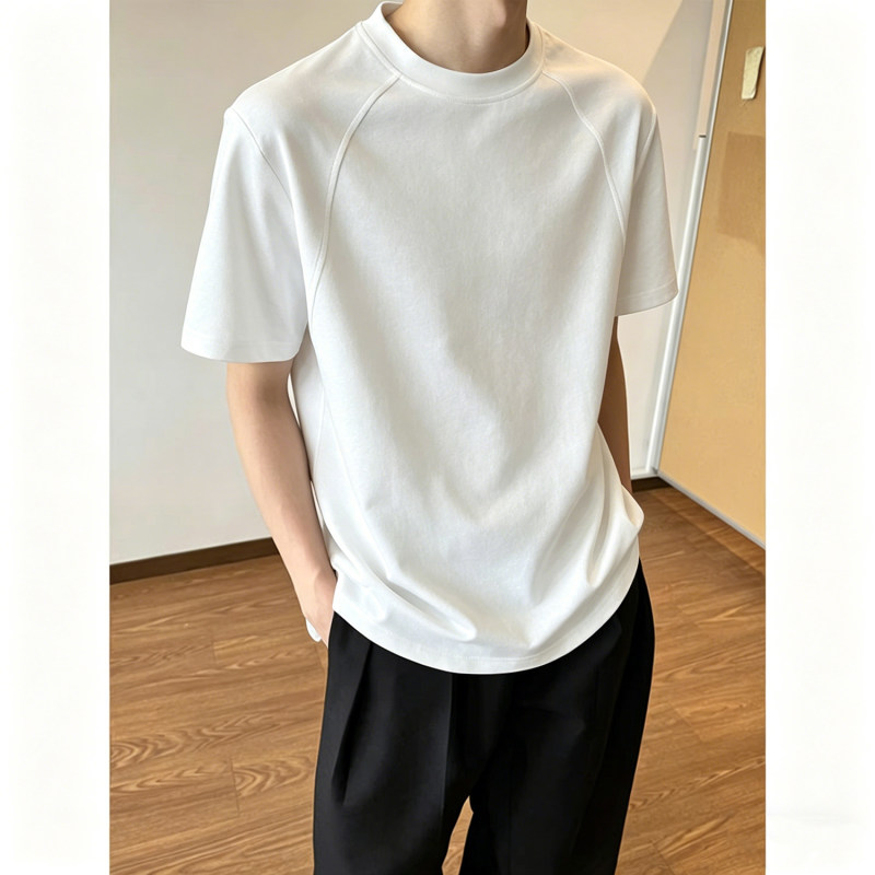 男士重磅华棉纯色白色拼接设计感简约百搭宽松圆领短袖T恤上衣