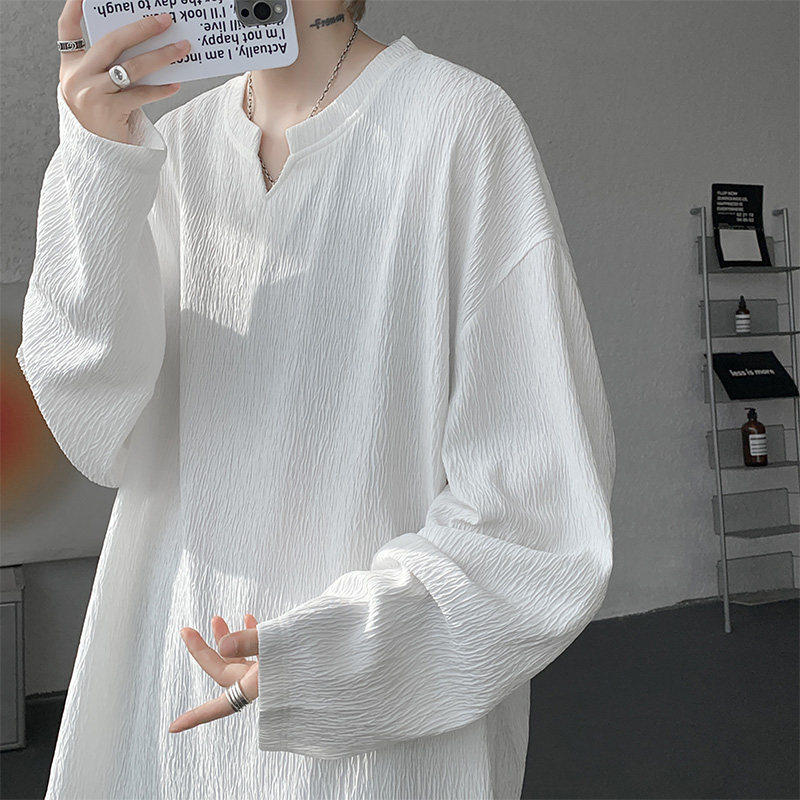 港风V领纹理感长袖T恤男潮牌大码宽松新款上衣青年休闲打底衫男装