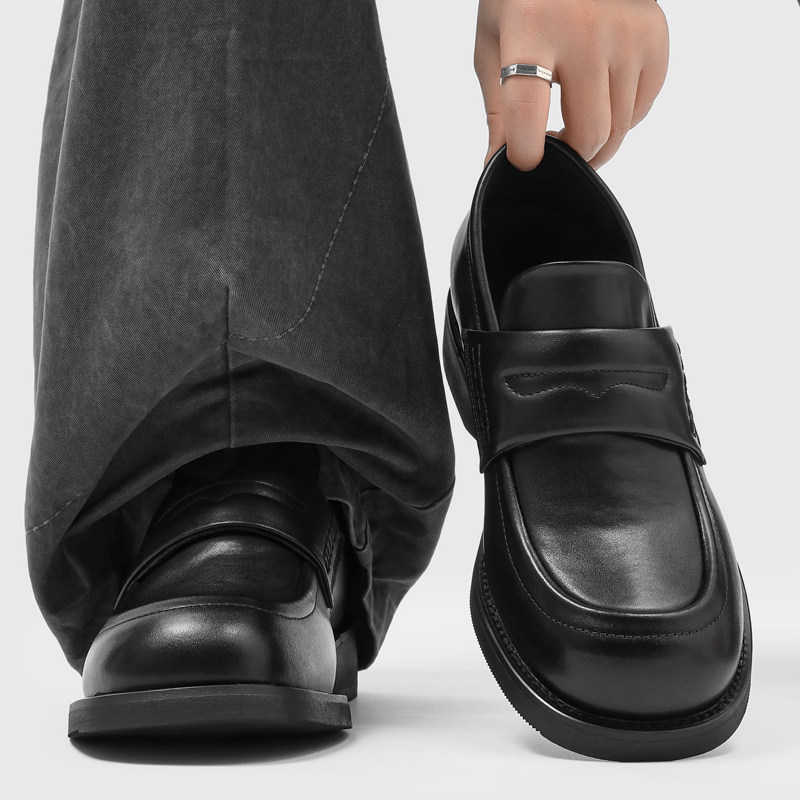 老钱风黑色乐福鞋一脚蹬英伦风套脚休闲皮鞋男透气厚底增高德比鞋