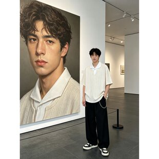 男韩版夏季宽松竖纹短袖T恤翻领氨纶油画休闲潮时尚帅气POLO衫