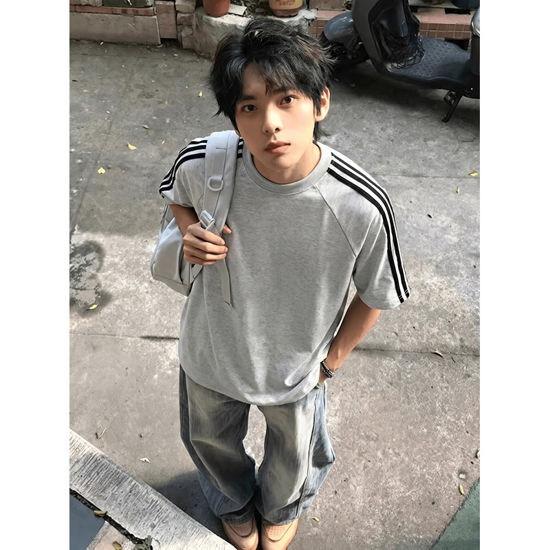 男高品质纯棉美式宽松纯色T恤三条杠织带条纹运动休闲潮流短袖衫