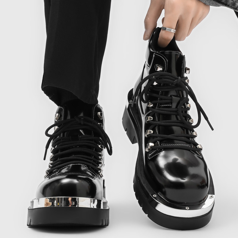 朋克风厚底马丁靴男铁头铆钉痞帅机车靴黑色潮款增高休闲中帮短靴