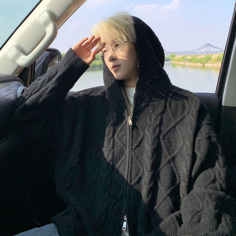 男士连帽拉链针织开衫毛衣外套麻花宽松长袖纯色休闲百搭黑色秋冬