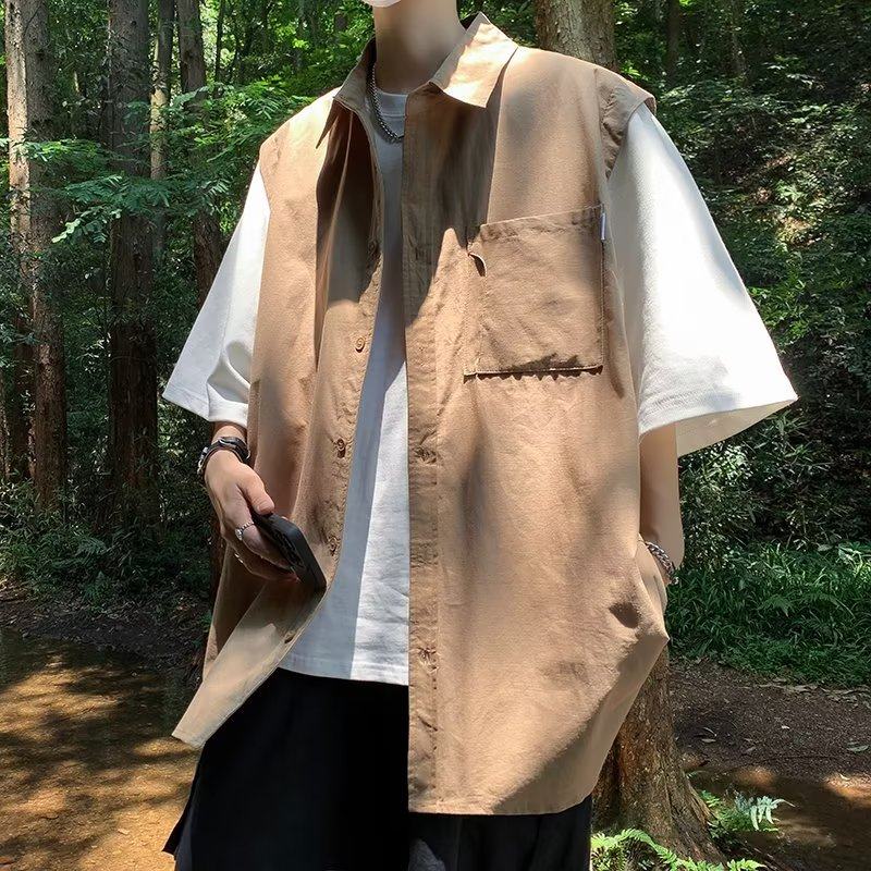 夏季男装假两件华夫格短袖衬衫韩版宽松日系少年感百搭潮牌马甲衫