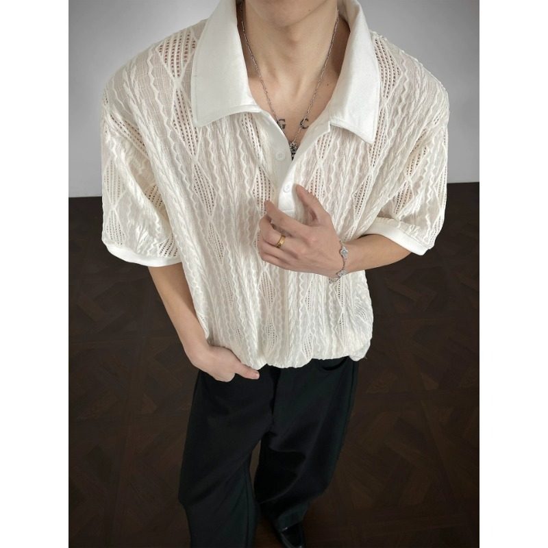 米白色镂空短袖T恤男夏季透气网孔正肩宽松韩版休闲翻领针织衫