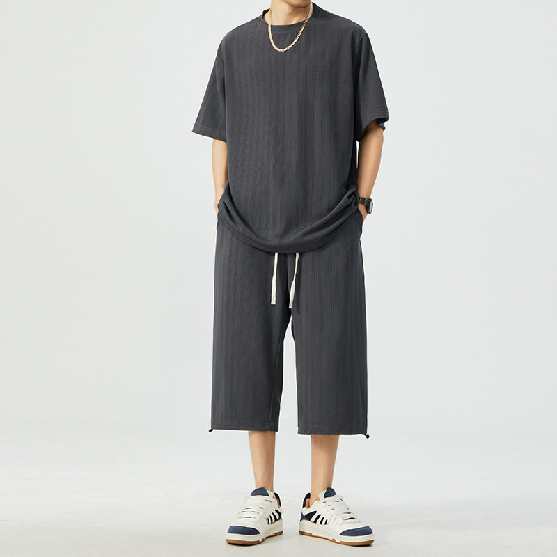 T556+K558大码短袖套装夏新款ins潮加肥欧美跨境时尚短款男运动服