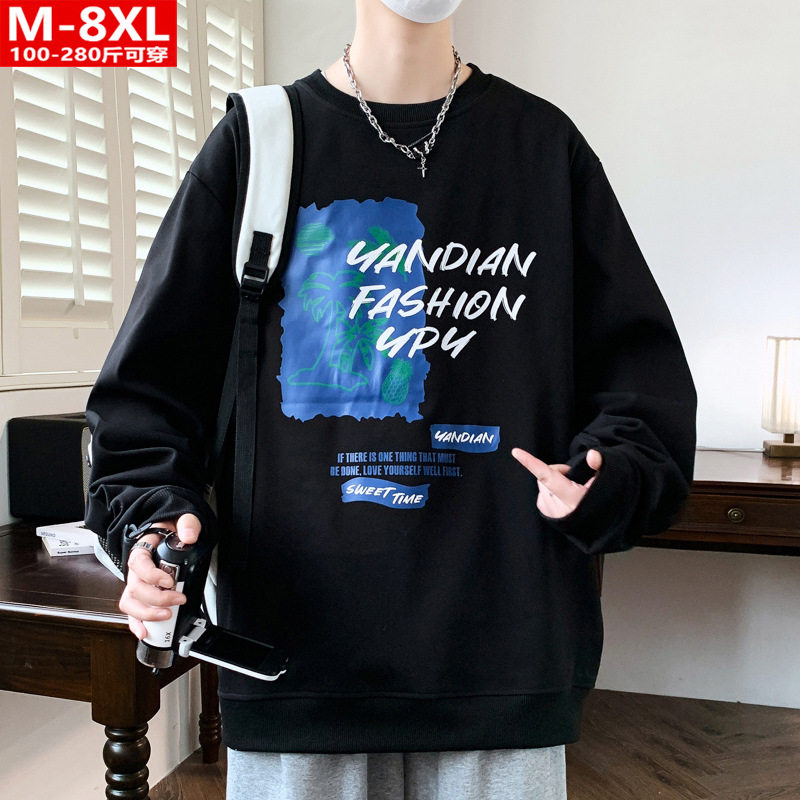 春秋季潮流港风男装印花圆领针织卫衣胖大码加肥宽松运动休闲