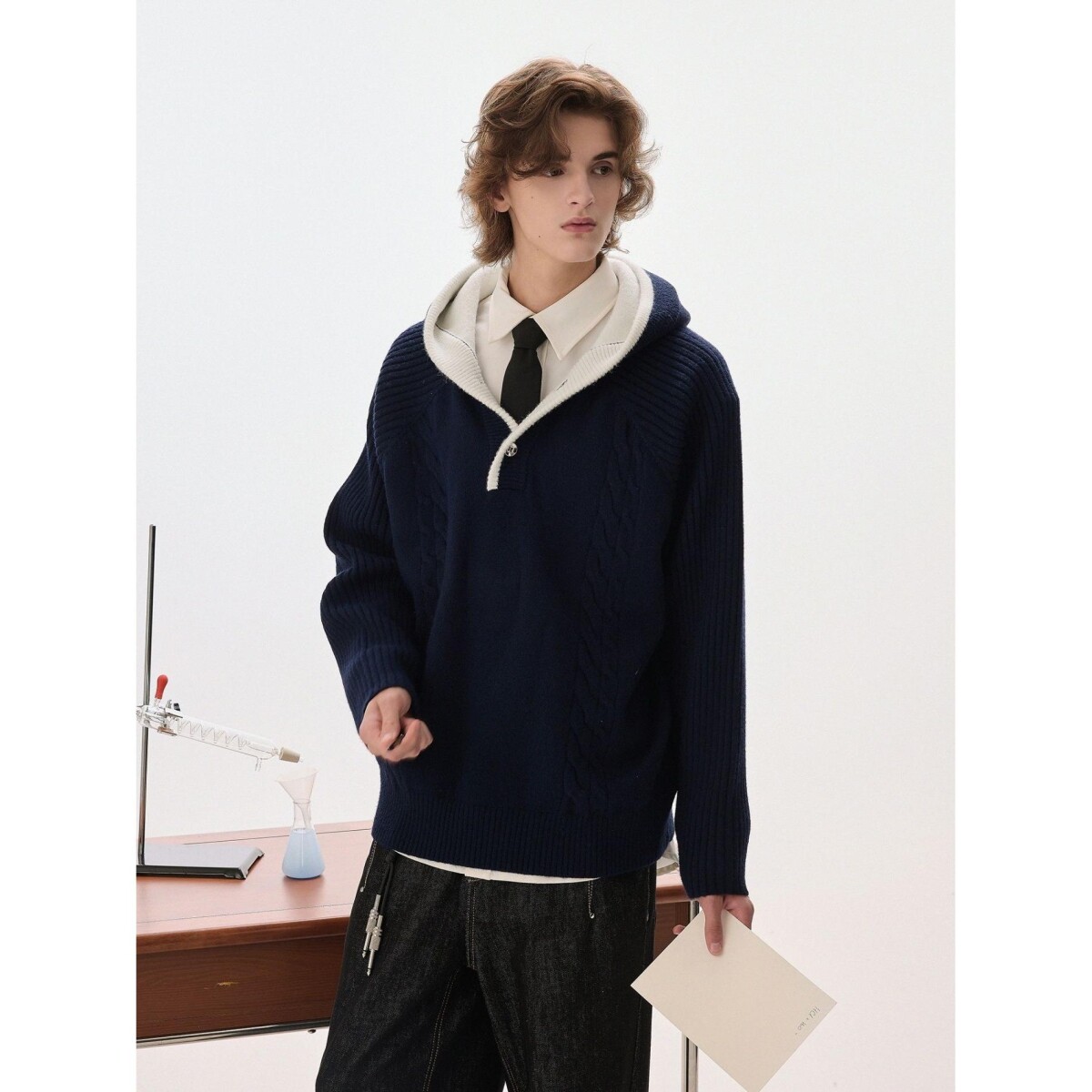 CHOR拼色连帽绞花纹加厚高级感男士毛衣秋冬季cleanfit男装衣服