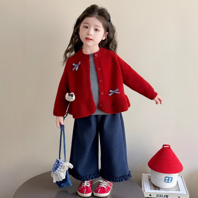 法国Uamtor女童秋冬红色新年毛衣套装圣诞节开衫外套阔腿裤三件套