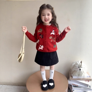 法国Uamtor女小童红色新年针织开衫毛衣外套秋冬季圣诞节洋气穿搭