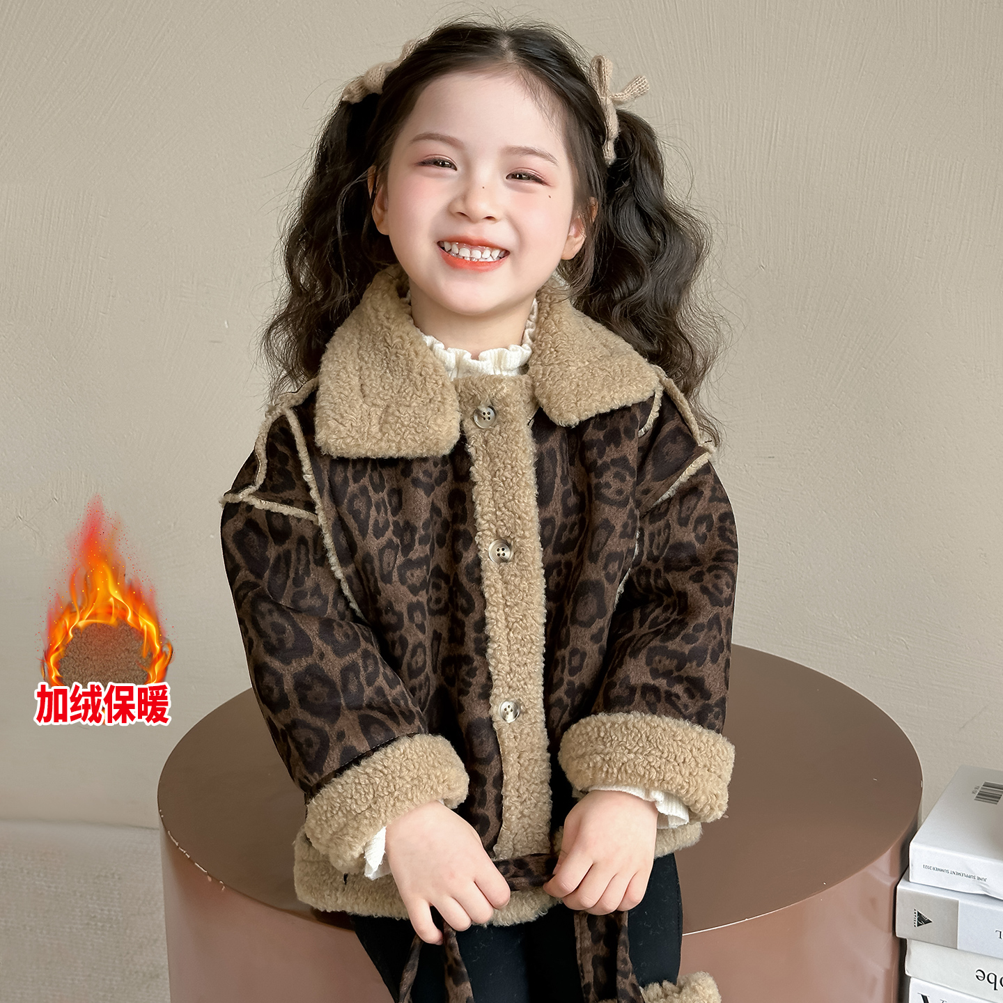 Uamtor女童加绒豹纹皮毛一体外套