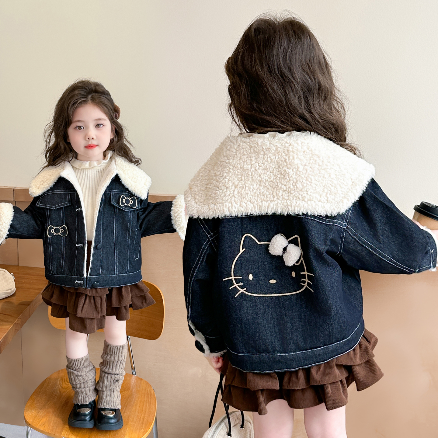 Uamtor女童加绒牛仔翻领棉服外套