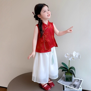 法国Uamtor女童国风套装夏季2026款新中式红色薄款女宝宝洋气夏装