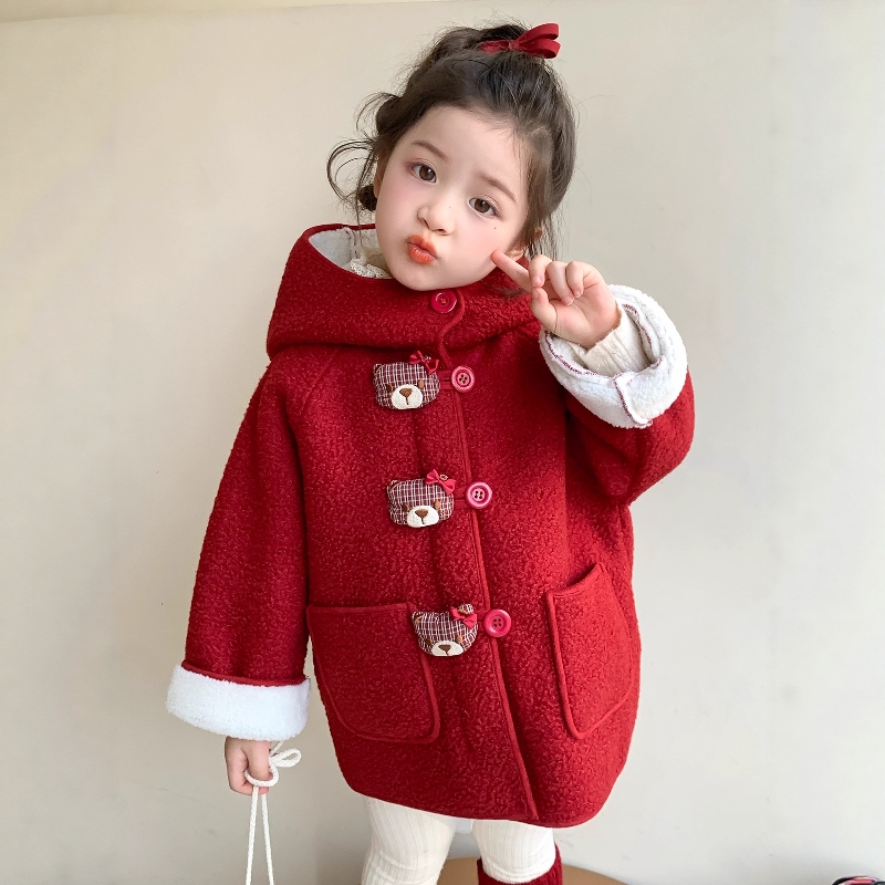 法国Uamtor女小童加绒外套秋冬款2025新款加厚冬装女童连帽毛毛衣