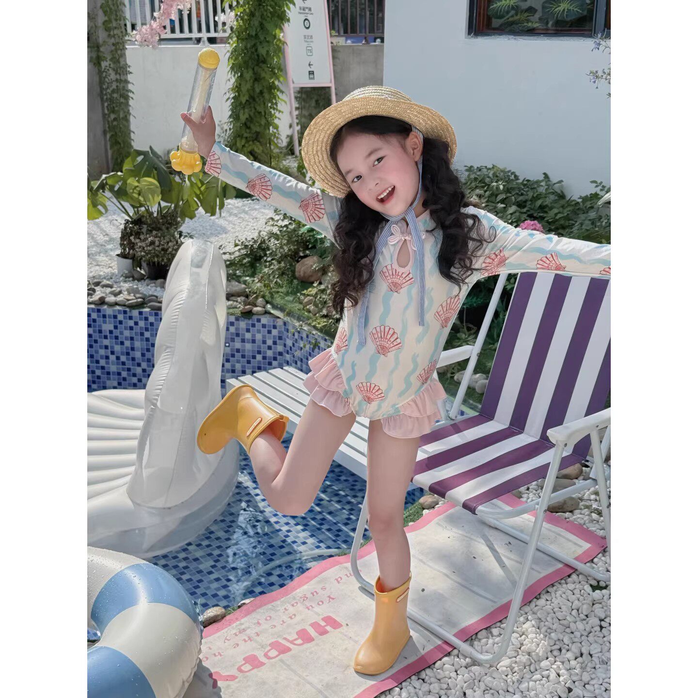 法国Uamtor女童绝美游泳衣长袖防晒夏季美人鱼长袖连体泳装女宝宝
