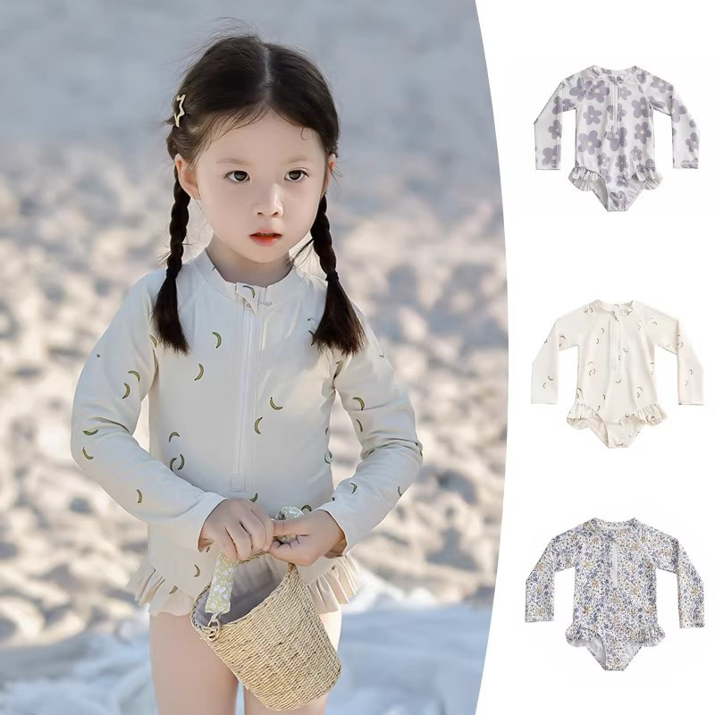 法国Uamtor女童碎花泳衣快干游泳衣荷叶边连体分体防晒度假游泳衣