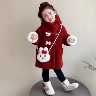 法国Uamtor女童加绒红色新年外套冬装儿童羊羔毛中长款洋气毛毛衣