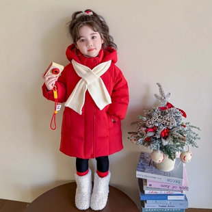 法国Uamtor女童羽绒服2026冬款洋气儿童中长款红色女宝白鸭绒外套