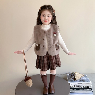 法国Uamtor女童皮草马甲秋冬季套装2025新款针织毛衣百褶裙三件套