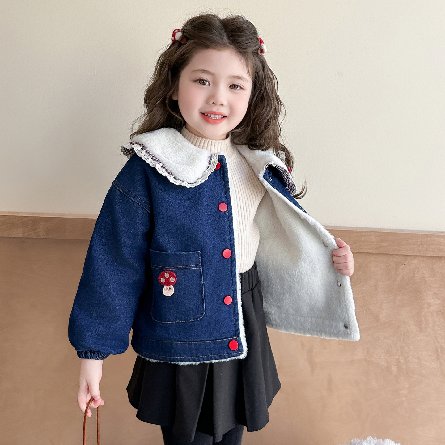 法国Uamtor女童加绒牛仔外套秋冬2025韩版儿童加厚女宝宝上衣冬装