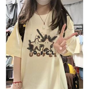 新款女童纯棉短袖t恤小众星星印花t恤儿童2024新款宽松校园风上衣