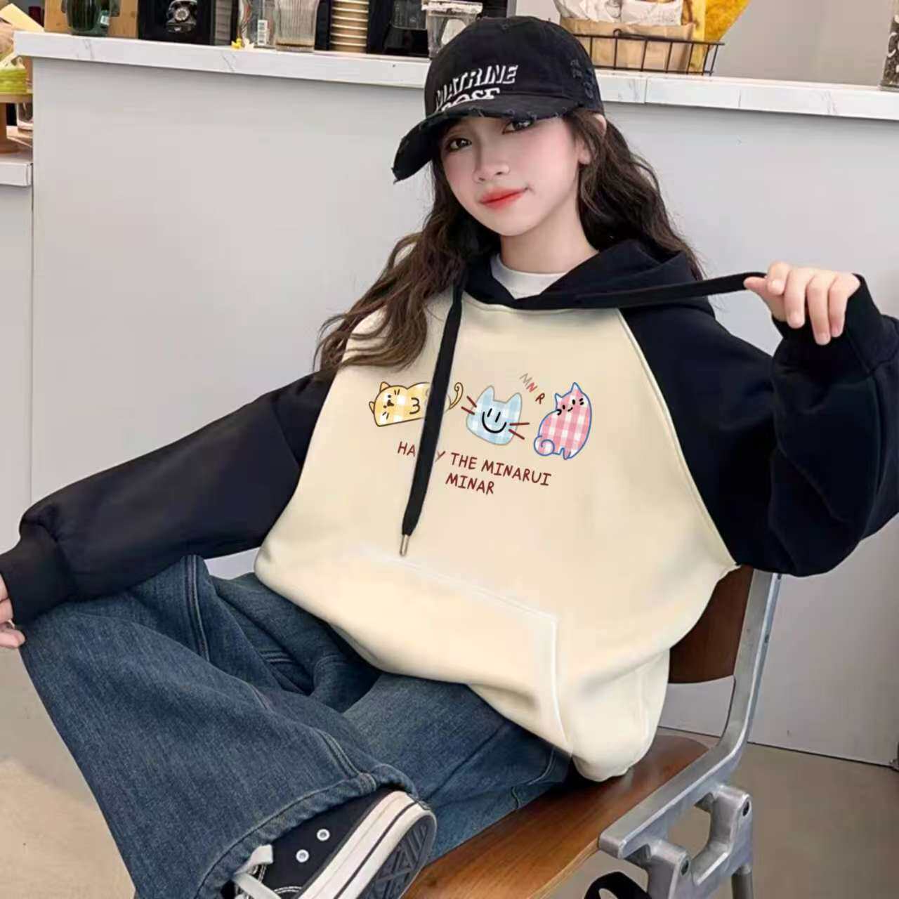 女童美式撞色连帽卫衣2026秋冬款新款中大童学生初中生帽衫上衣潮