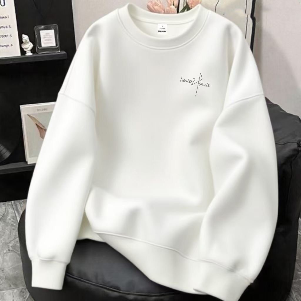 中大童白色简约字母印花圆领卫衣男女童宽松秋冬季学生打底衫上衣