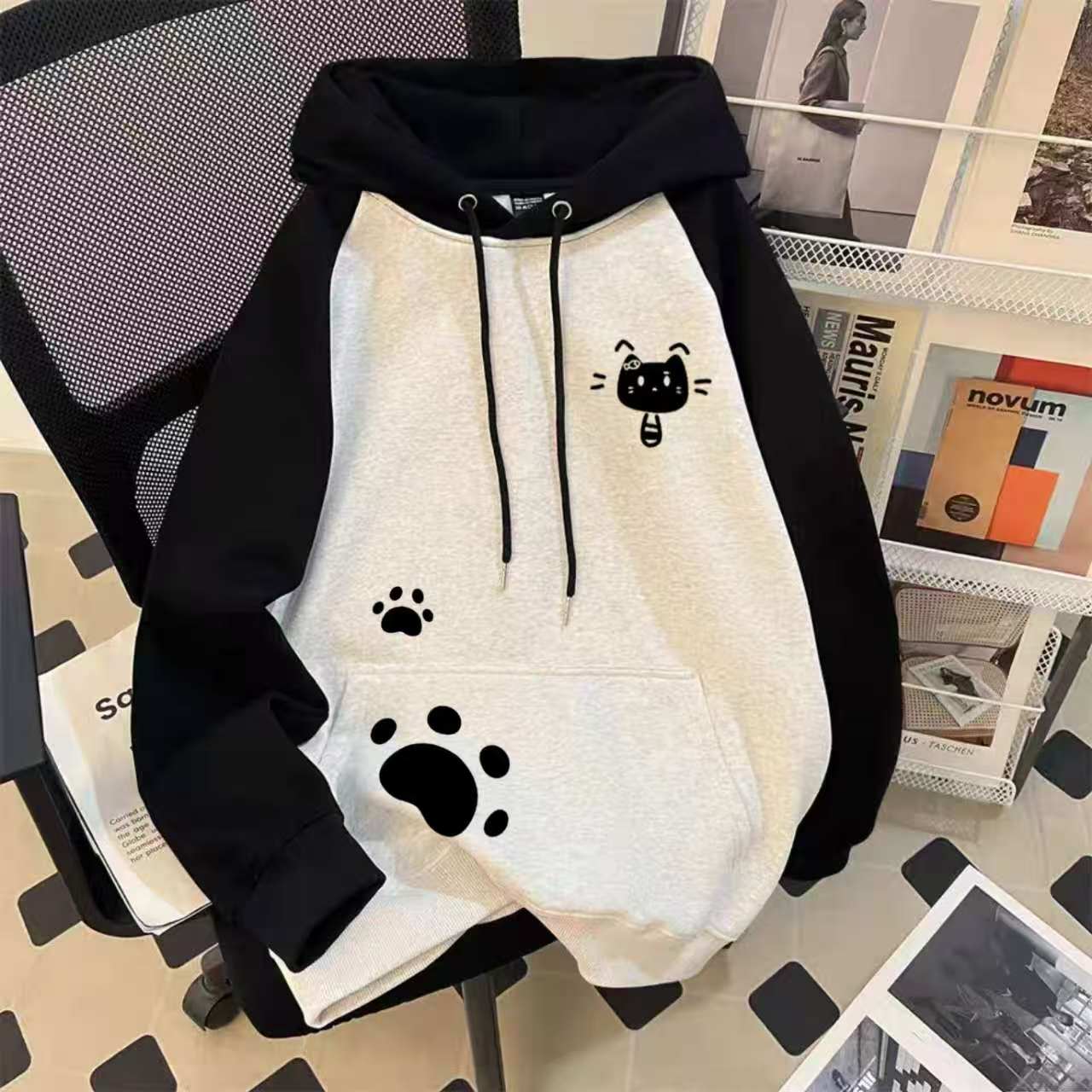 女童春秋款撞色连帽卫衣2025新款