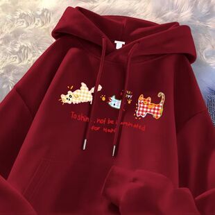 女童本命年酒红色美式猫咪印花连帽卫衣初中生2026秋冬新款帽衫