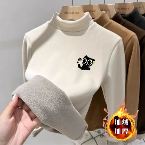 中大童半高领加绒打底衫保暖印花