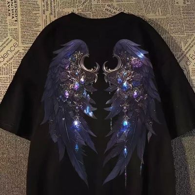 夏季男女童美式复古暗黑翅膀印花短袖t恤中大童oversize高街上衣