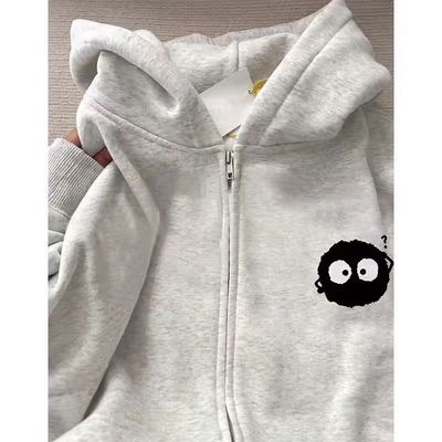 女童纯棉白灰色慵懒风拉链帽衫