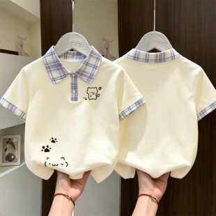 纯棉女童Polo衫短袖2026夏季新款中大童卡通猫咪印花T恤纯棉上衣